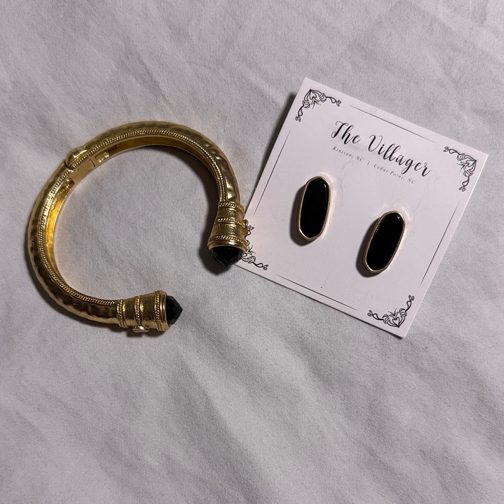 villager Gold Cuff Bracelet and Earring set  with Black Stone Accents